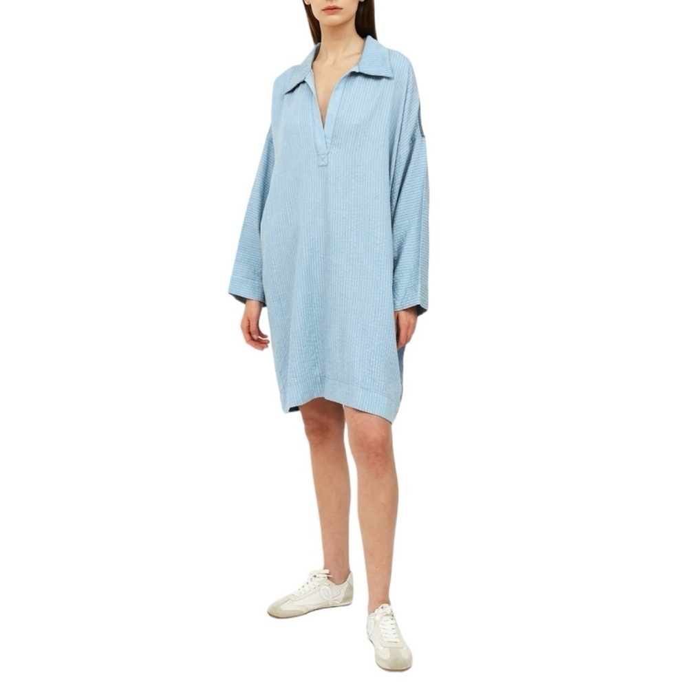 Mara Hoffman Blue Embroidered Stripe Two Tone Color block Lagenlook Shirt Dress